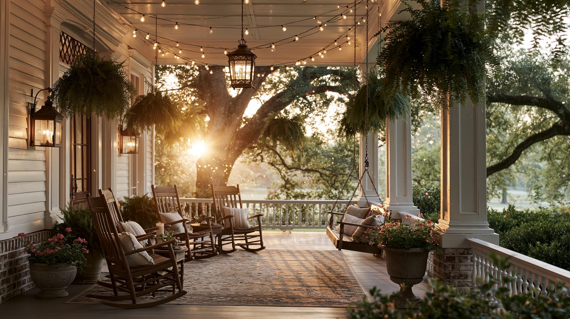 A welcoming Southern porch at golden hour with rocking chairs and a swing