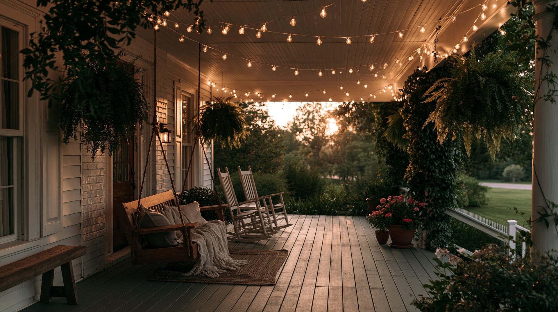 A cozy Southern front porch at golden hour with a porch swing and string lights